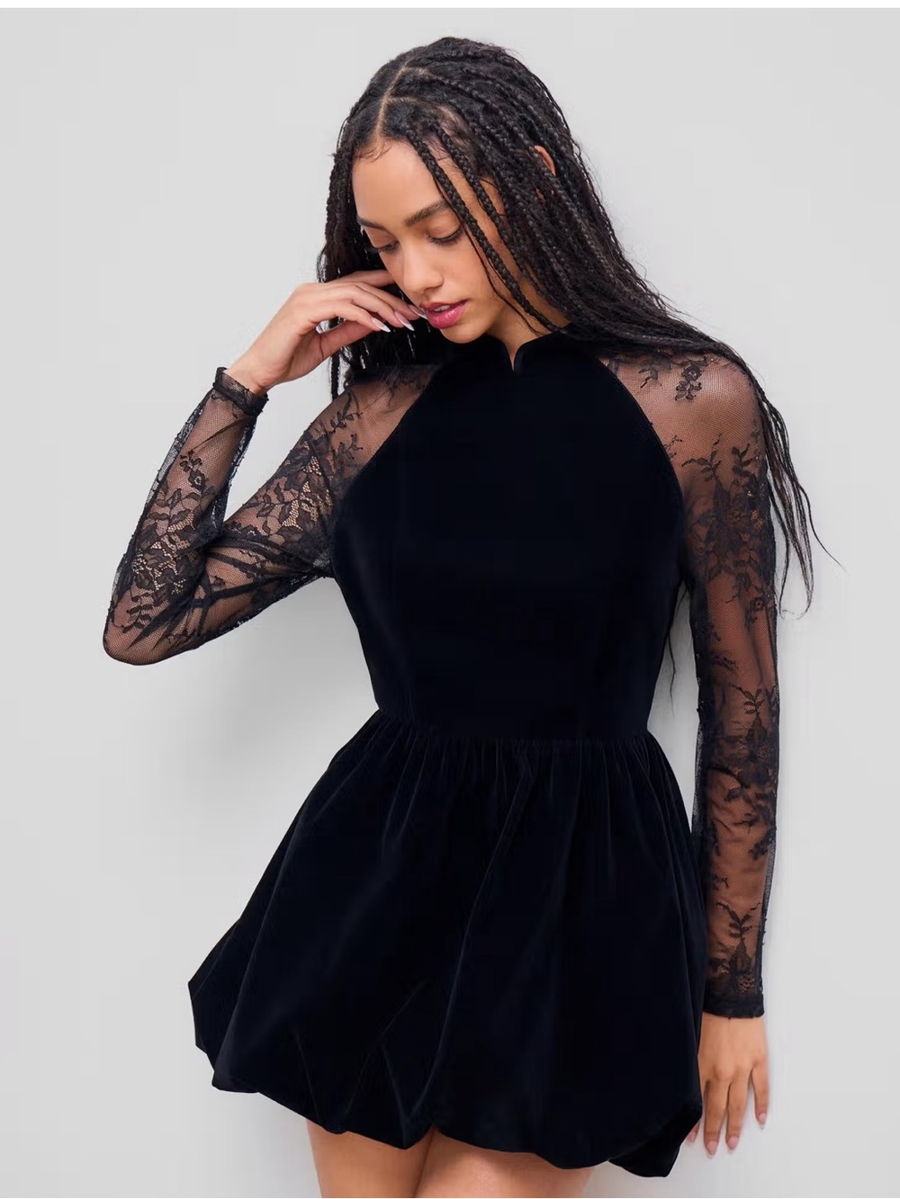 NWT CIDER Velvet Mandarin Collar Bubble Hem Lace Mini Dress - Picture 3 of 16